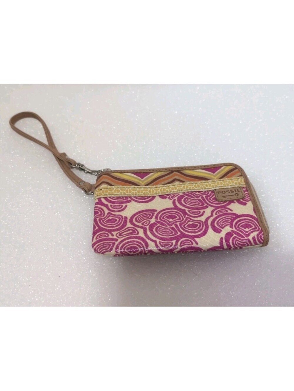 Vintage Fossil Wristlet Key-Per Boho Floral Print Leather Trim MultiMedia Wallet